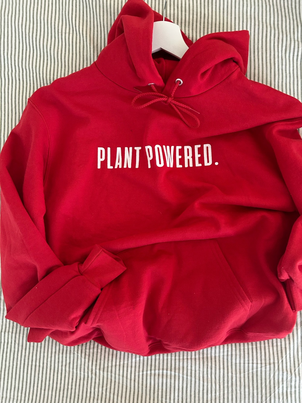 Champion Red Graphic Hoodie with White Tag “PLANT POWERED.” Detail